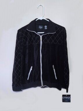 NEW Erika Petite Women's Black Quilted Arms Zip Velour Jacket Size Pet Large NWT